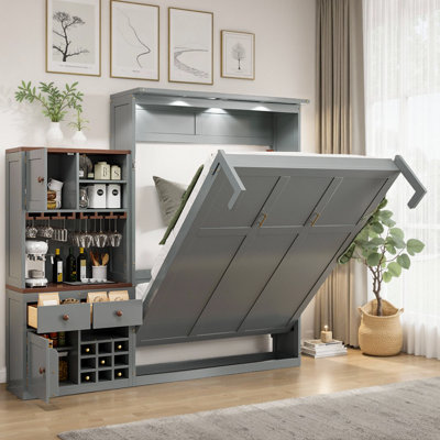 Grand lit escamotable avec armoire de rangement et support à vin - Lit mural peu encombrant avec éclairage DEL, porte-verre et tiroirs pour une vie moderne