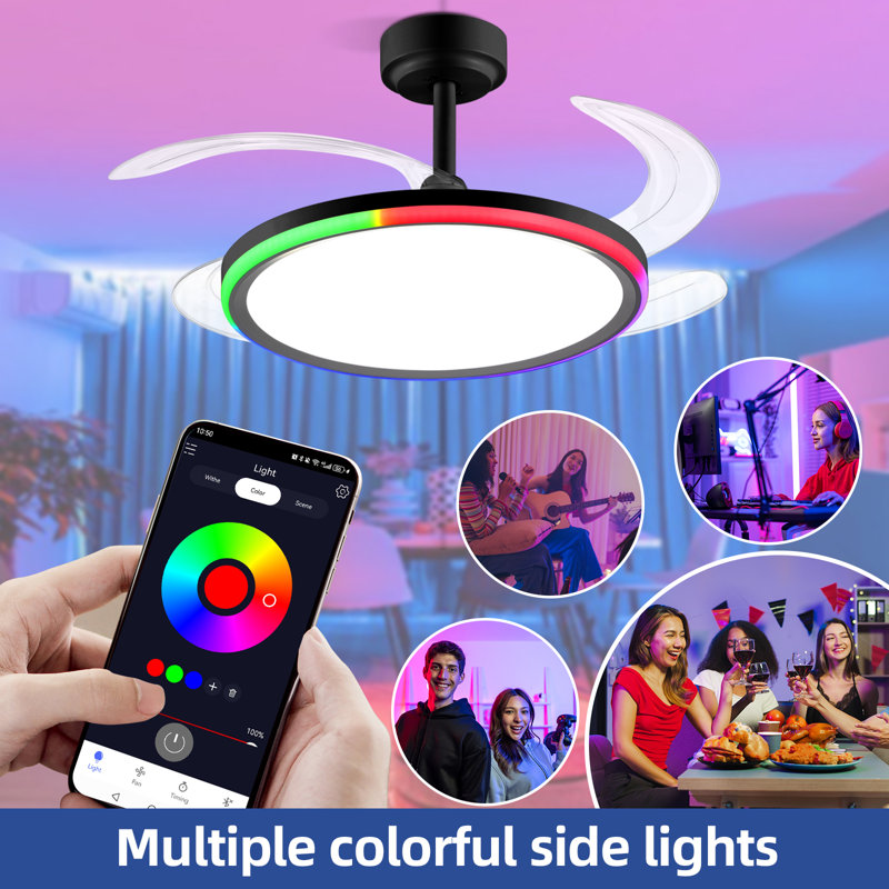 42-inch Smart Retractable Ceiling Fan Light Breathtaking lighting effects, full-color RGB dimming strip with memory function, Bluetooth speaker, and convenient control via app or remote. Features a 6-speed reversible fan for quiet, tech-powered cooling