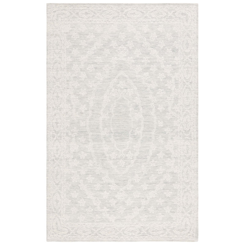 Retalic Ebony Hand Tufted Wool Cotton Floral Rug in Blue/Ivory/Light Blue, Runner 2'3" x 9'