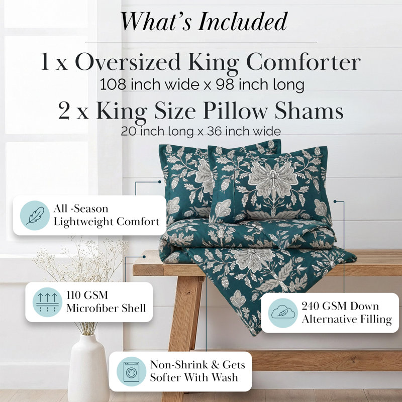 Vintage Garden Garden Down Alternate Comforter Set, Teal, King/Cal. King Comforter + 2 King Shams
