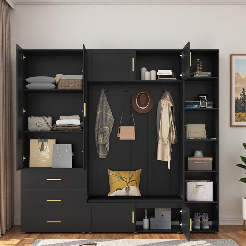 4-in-1 Hall Tree With Padded Bench, 4 Hooks, 3 Drawers And Adjustable Storage Shelves, Antique Black