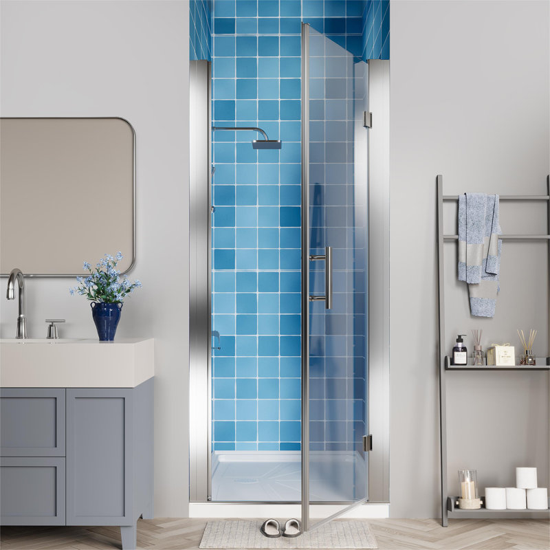 Pivot Hinged Swing Frameless Shower Door In Chrome With Clear Glass, Chrome