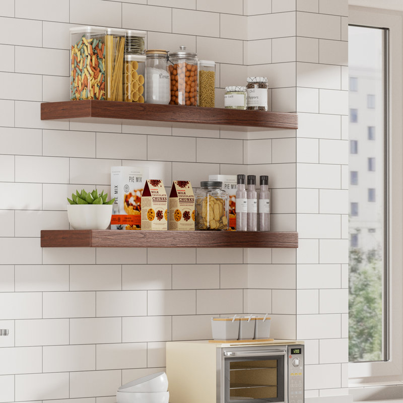 Friesen 2 Piece Painted Wood Floating Shelves, Bathroom Wall Shelves 2 Inches Thick, 2" H x 32" W x 8" D, Dark Brown Wood