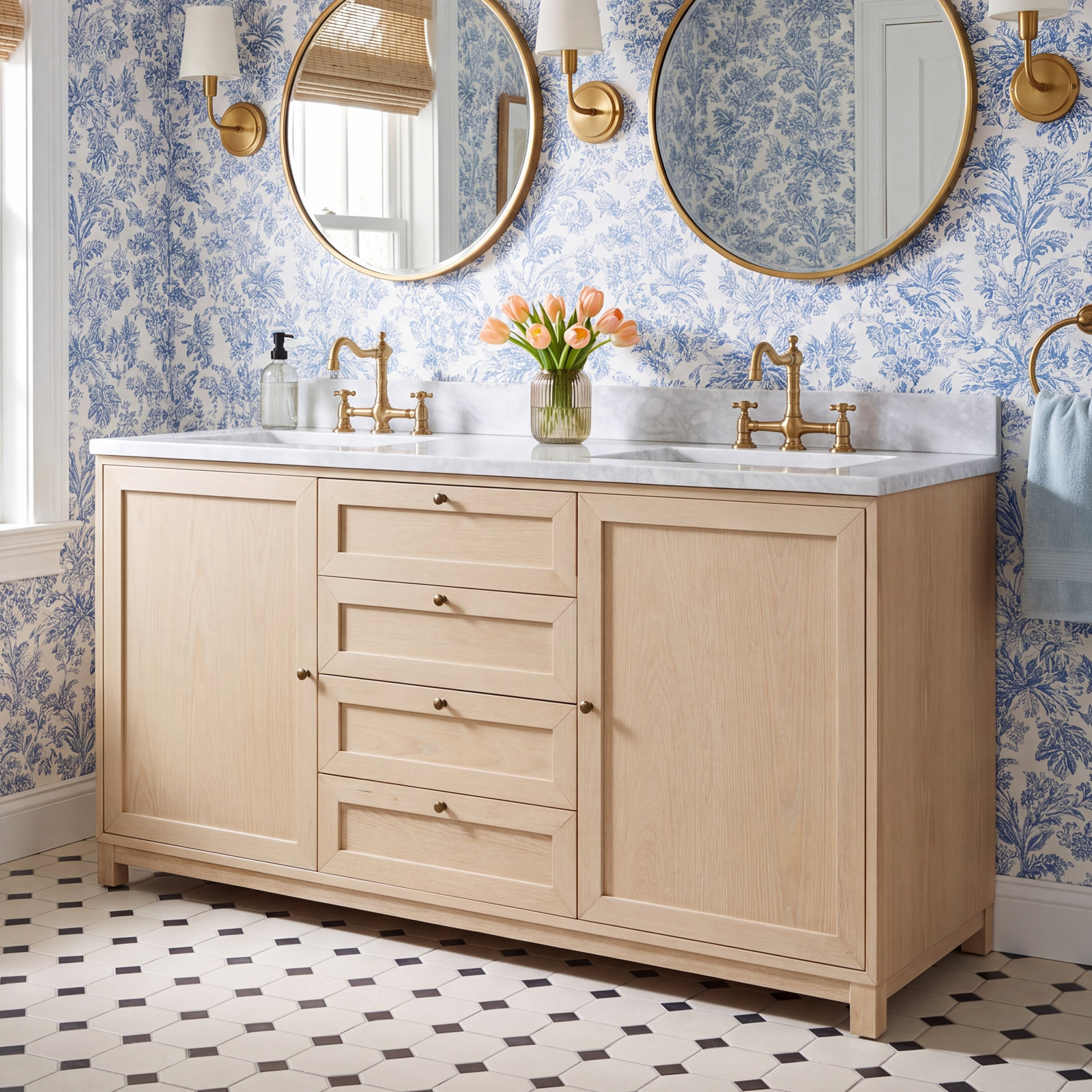 Sonata 60" Double Bathroom Vanity, Satin Bleached Oak Veener
