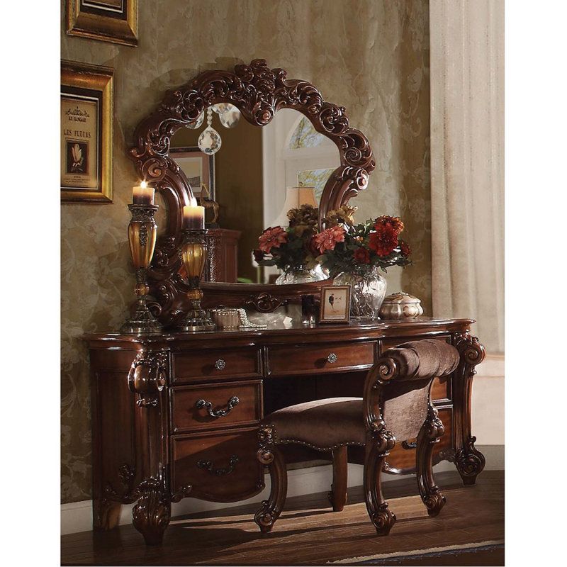 Vendome Vanity Stool, Fabric & Cherry Finish, Cherry