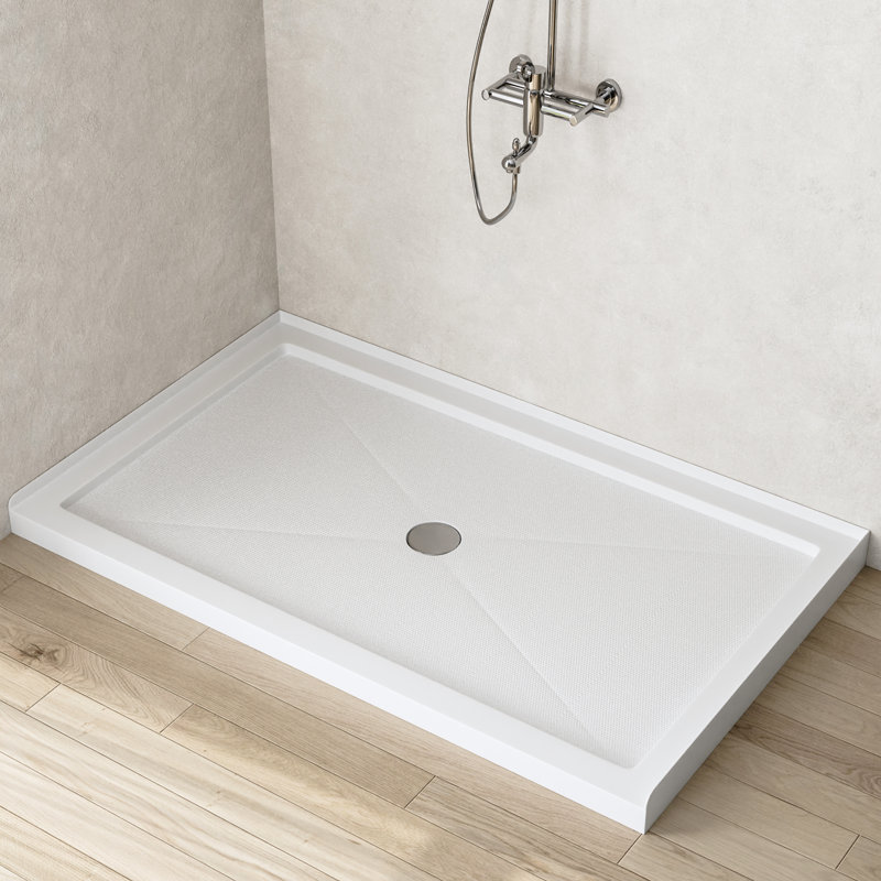 DeerValley 60" Shower Base in White with Single Threshold Shower Pan, Non-slip Design, 3.5" H x 60" W x 36" D
