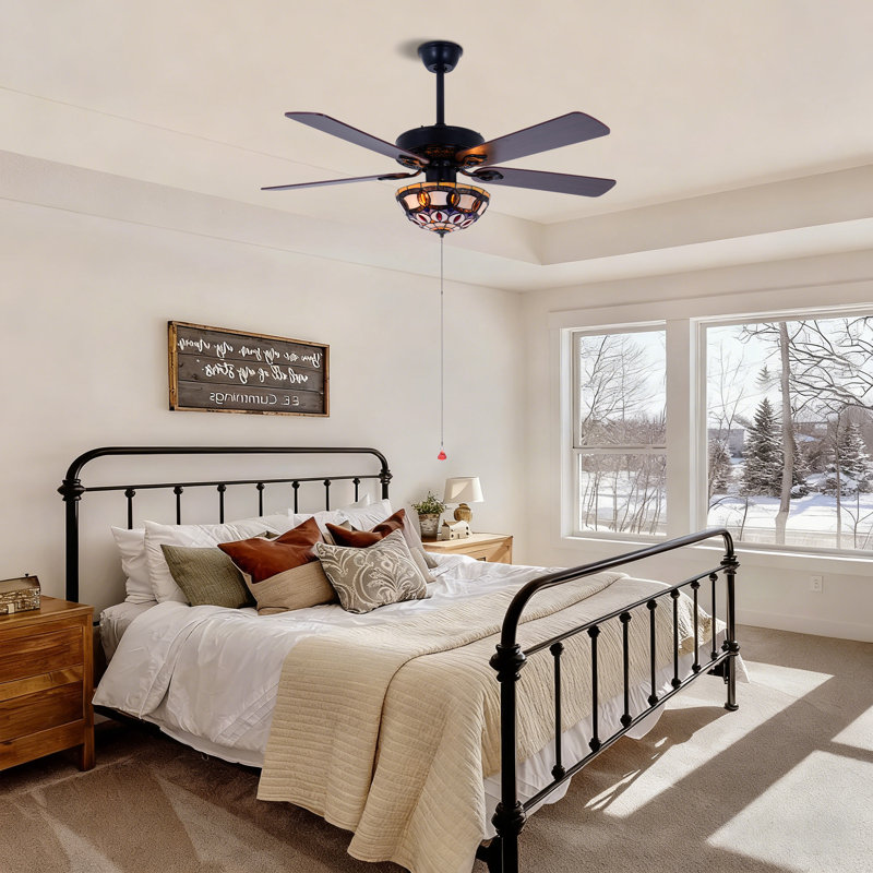 Black American Tiffany Style Colored Glass Ceiling Fan Light | Six-speed Inverter Remote Control
