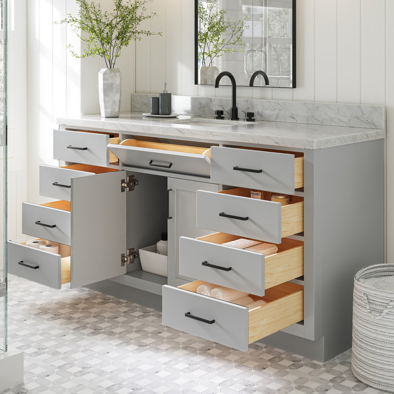 Meuble-lavabo simple en bois massif 66 po avec plateau en marbre de Carrare Tidworth, Forme rectangulaire, Gris