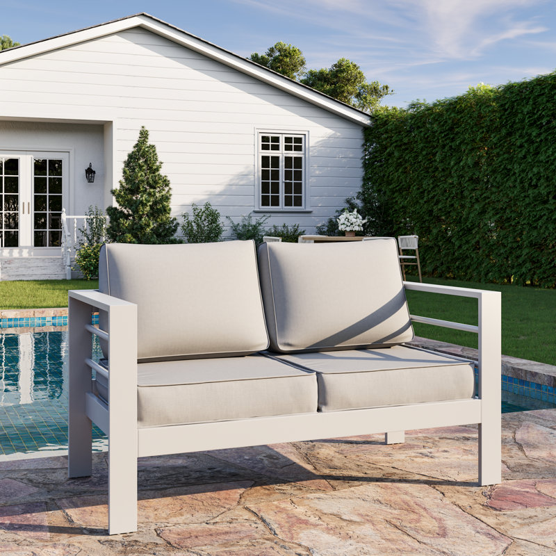 Outdoor Aluminum Loveseat, Light Grey/White