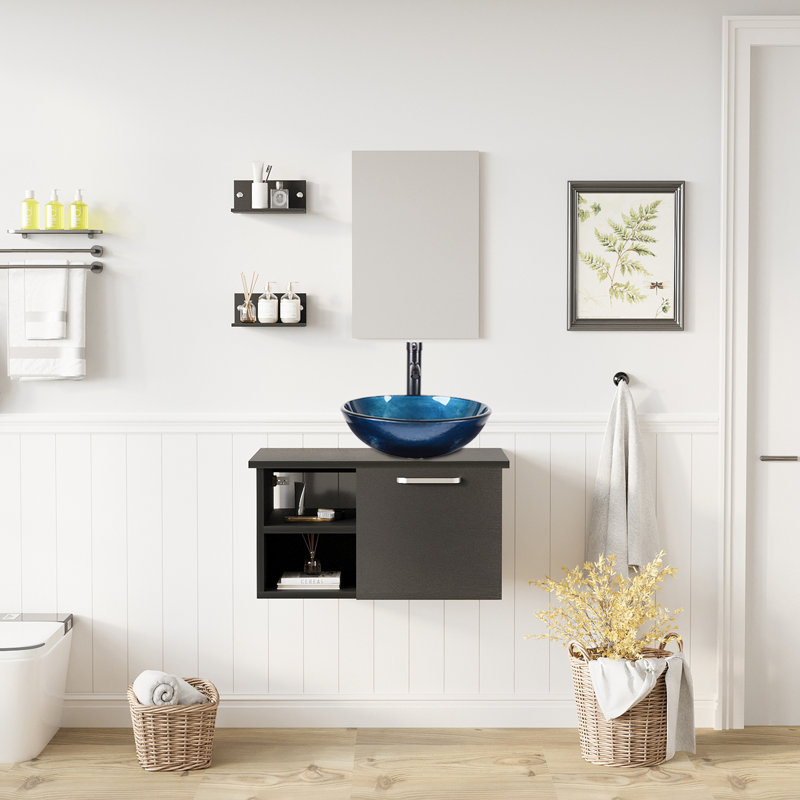 Ensemble de meuble-lavabo mural simple 28 "avec miroir Clématique, Bleu océan, Noir, noir, noir, noir