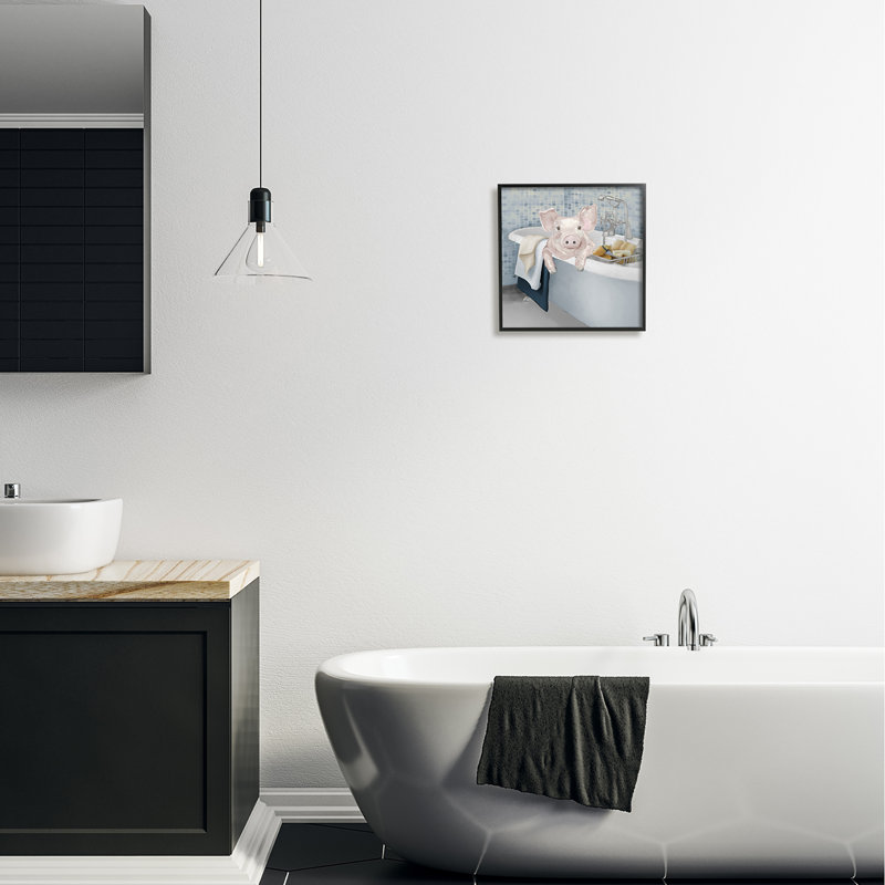 " Pig Bathing Bathroom Tub Animal " by Elizabeth Medley, Midnight Black Framed Giclee, 12" H x 12" W x 1.5" D