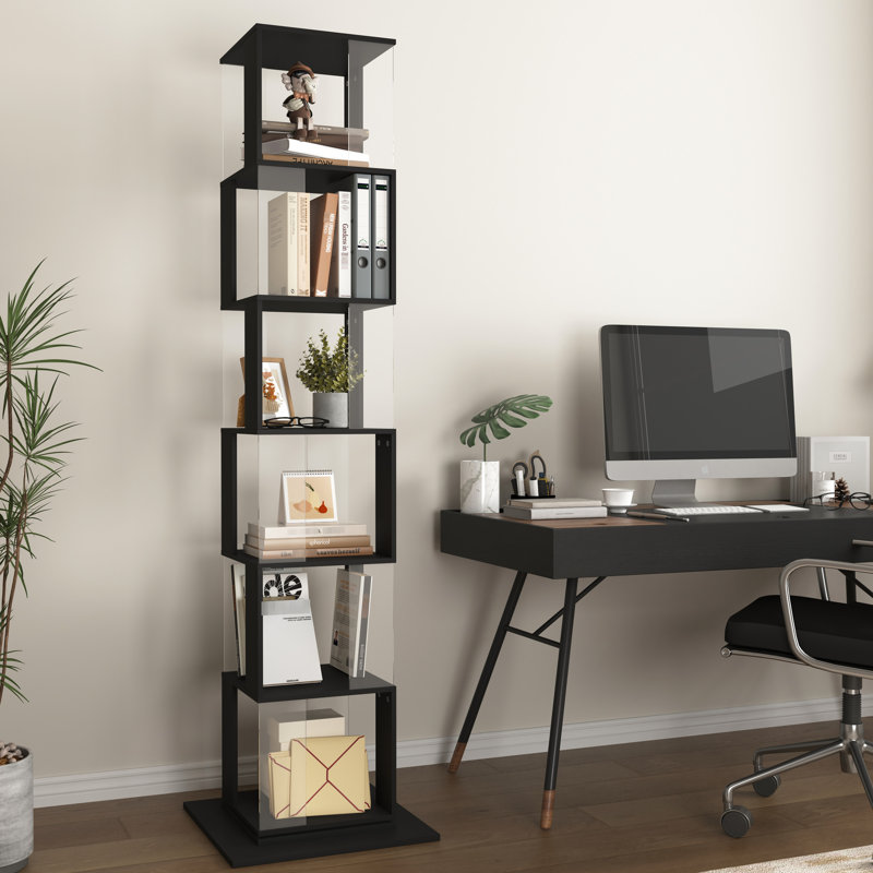 Rotating Book Storage Unit - Clear Acrylic, Wood Grain Veneer, Modern 6 Tier Floor Bookcase With Widened Base Stylish, Space Saving, Holds Many Objects