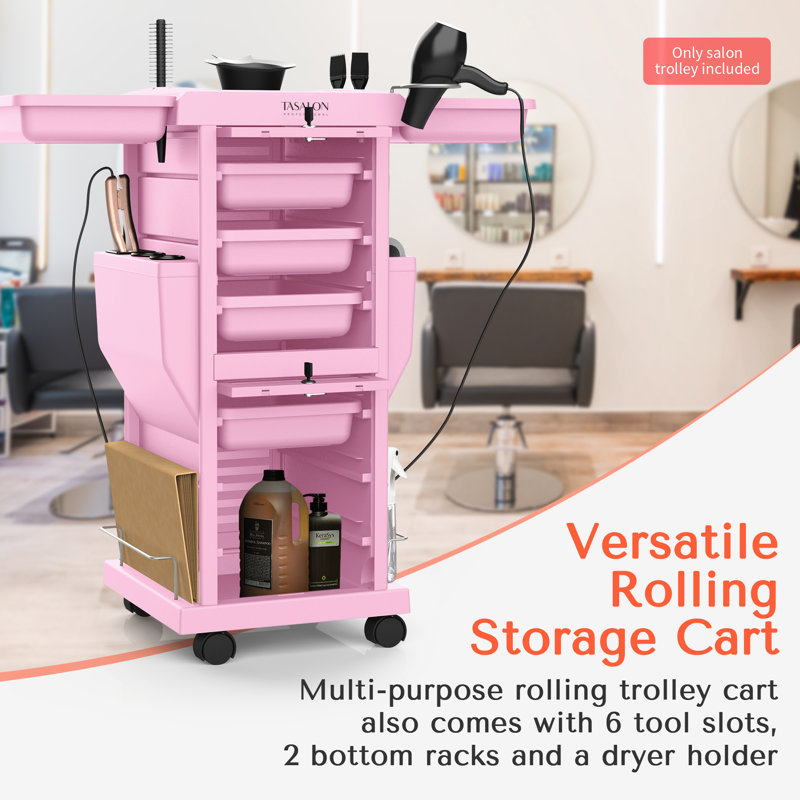 Pink Multifunctional Lockable Utility Cart with 6 Drawers