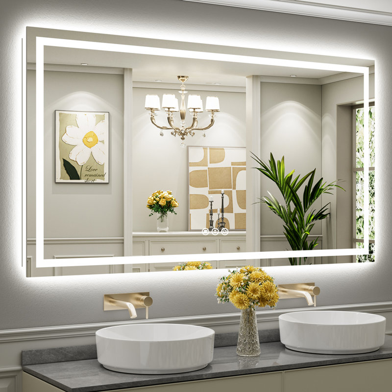 Miroir de salle de bain à DEL avec lumières, rétroéclairé et éclairé à l'avant, miroirs muraux éclairés pour meuble-lavabo, écran tactile à intensité variable, antibuée, fonction mémoire, verre trempé HD, incassable, homologué ETL