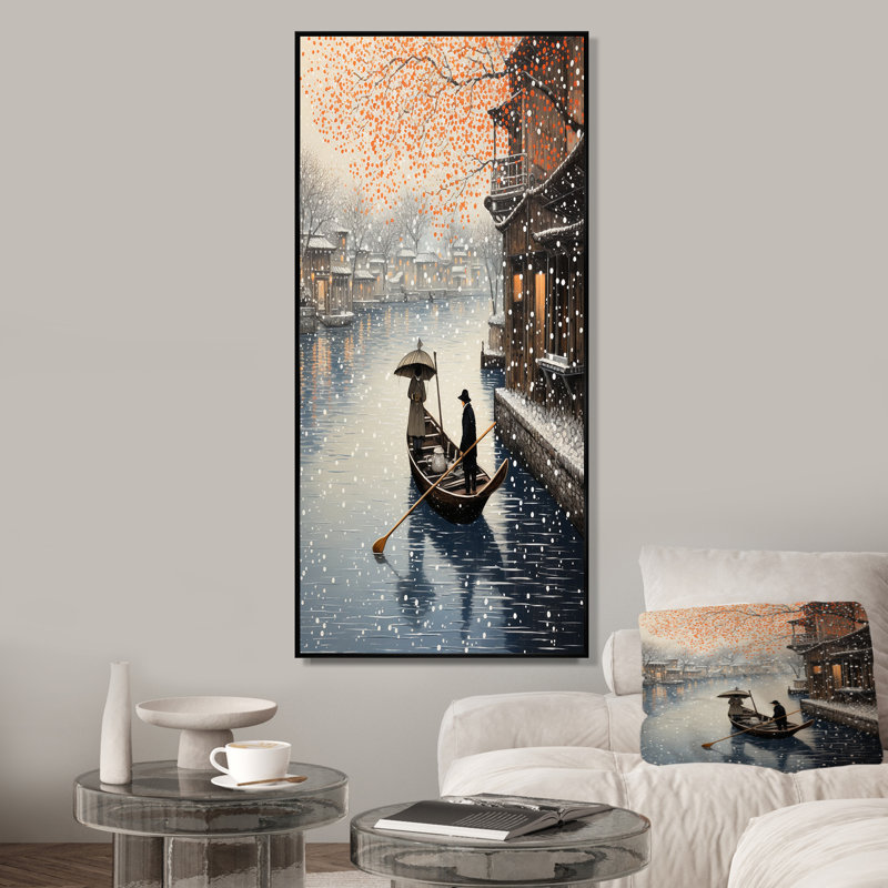 Yuletide Boat Voyage I - Art mural nautique, H 60 po x l 28 po x P 1,5 po, Cadre flottant noir
