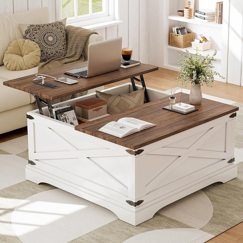 Table basse avec rangement, table basse carrée pour le salon avec ports de charge, table de salle à manger de ferme avec grand rangement caché, blanc, 31,5 po
