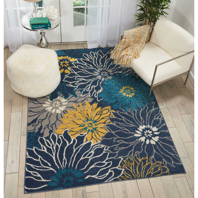 Tapis bleu / jaune Lahoma, Rectangle 3 pi 9 po x 5 pi 9 po