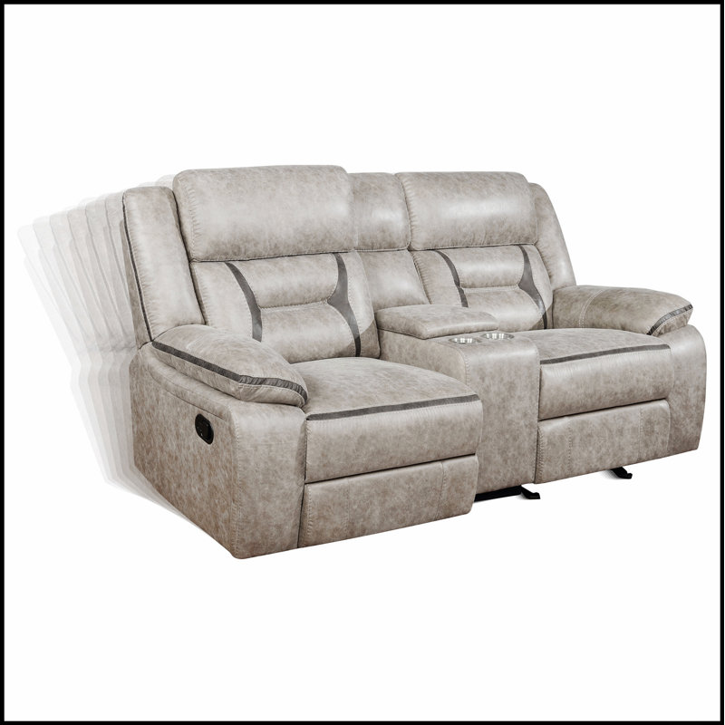 Brazelton Taupe Upholstered Glider Loveseat With Console, Manual Reclining, And Storage For Modern Comfort, taupe
