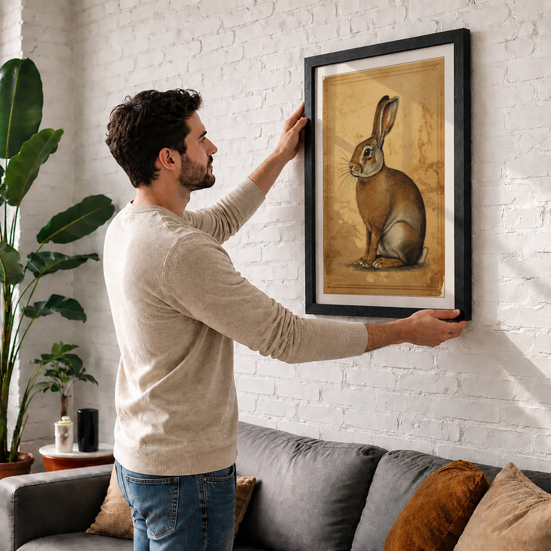 Alert Rabbit in Profile Botanical - Framed Print, A1 - 84.1 x 59.4 cm, White
