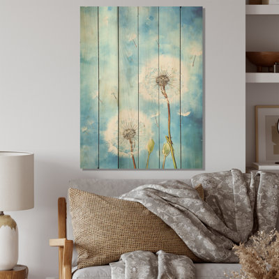 Blue Dandelion Dreams I - Art mural en bois de pissenlit sur bois de pin naturel