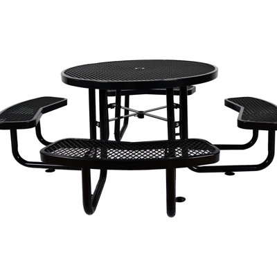 46" Steel Picnic Table With Umbrella Pole - Black, For Outdoor Parties And Picnics Round Pole, Portable Fishing