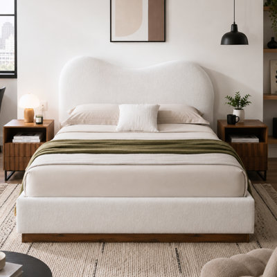 Willma Curved Bouclé Platform Bed, Elevated Under-Bed Storage, White, Full
