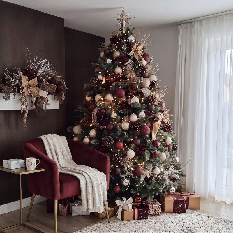 Ensemble de 24 boules de Noël bordeaux et dorées incassables, boules d'arbre texturées métalliques 2,4 pouces