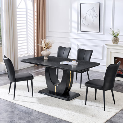 Ensemble de table de salle à manger 63 po noir moderne avec chaises rembourrées, table en panneau de fibres à densité moyenne pour la salle à manger ou la cuisine