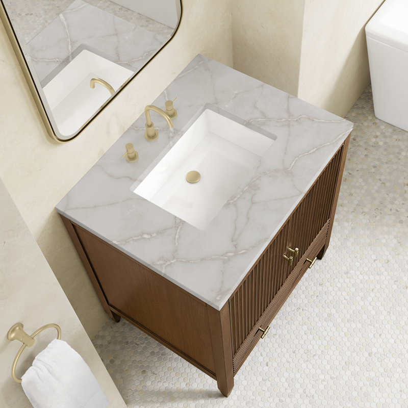 Myrrin 30" W Single Vanity, Victorian Silver Silestone, Mid-Century Walnut, 8" Widespread