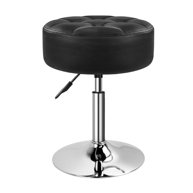 Tabouret de coiffeuse noir en polyuréthane rond de 4,9 pouces avec repose-pieds pivotant à hauteur ajustable pour salon, salon et petite salle de bain