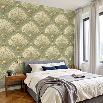 Peel and Stick Wallpaper Elegant Art Deco Fan Gold Green Wall Murals 100"H x 144"W Removable PVC Wall Paper Self-Adhesive Wall Decor for Bedroom Living Room Home Office