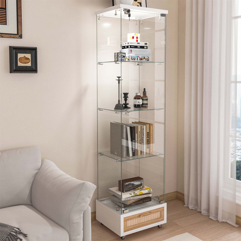 Modern Glass Display Cabinet With Drawer, Quick-Assembly LED Lighted Tempered Glass Bookshelf For Living Room And Bedroom