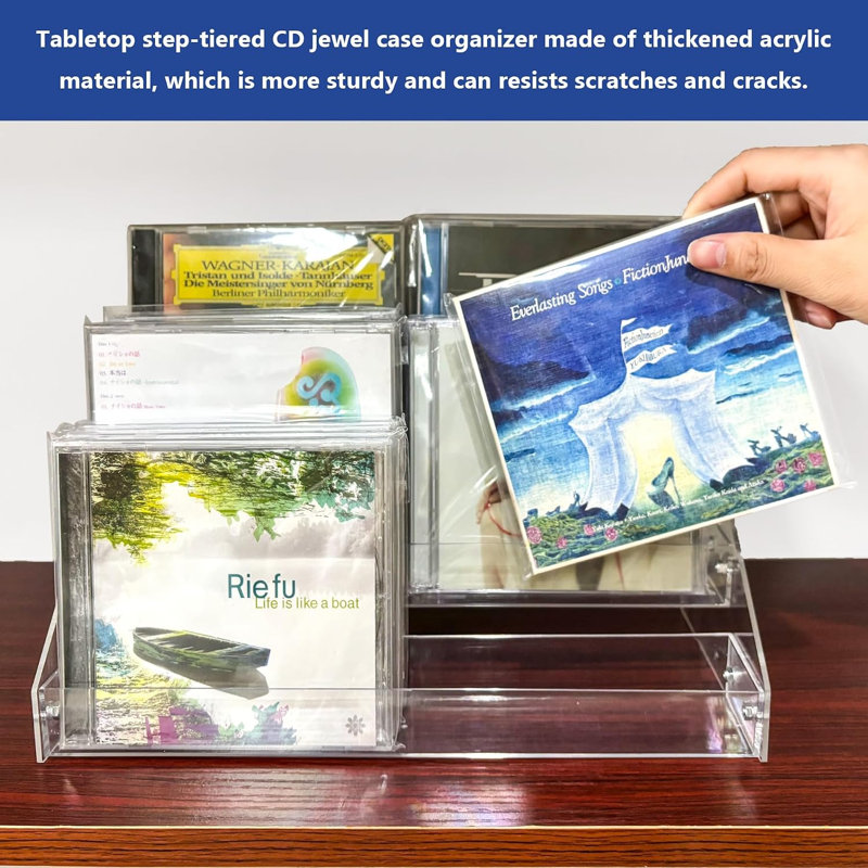 Présentoir à CD à 3 niveaux en acrylique transparent, support de rangement en cascade pour CD, présentoir à DVD/CD et support de rangement pour disques vinyles. Peut contenir jusqu'à 24 boîtiers CD standard (transparents).