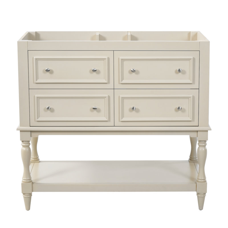 Armoire de salle de bain 36 po, ensemble de meuble-lavabo autoportant avec 4 tiroirs, structure en bois massif, Beige