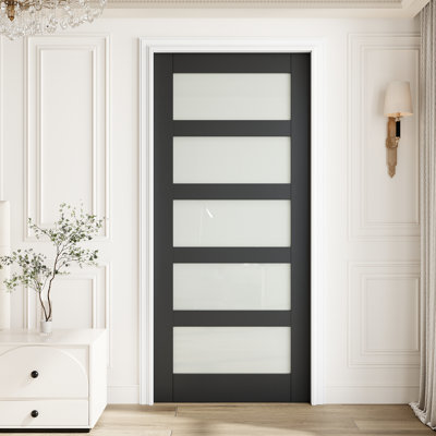 32" x 80" Black Door Slab, 5-Lite Tempered Frosted Glass Slab Door, Interior Door Slab w/o Hardware, for Bedroom, Closet, Hallway, Living Room, Pantry & Bathroom, Ideal for Prehung, Barn, Pocket, French & Bifold Door