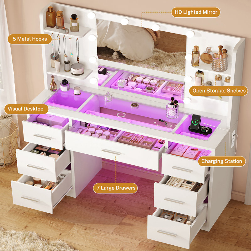 Dressing Table with RGB LED Mirror & Charging Station, Vanity Table with 7 Drawers and 2 Usb Ports