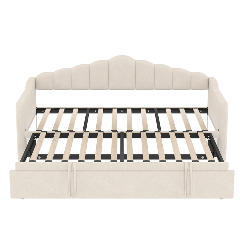 Upholstered Daybed With Adjustable Height Pop Up Trundle, Twin Bed, USB & Type-C Ports, And Side Pockets, No Box-Spring Required