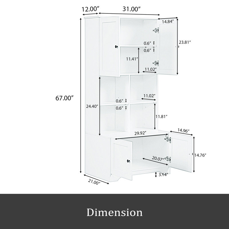 Armoire de rangement haute et large pour salle de bain, unité de rangement pour salle de bain, armoire autoportante avec 4 portes, tablettes réglables, tablettes ouvertes multicouches