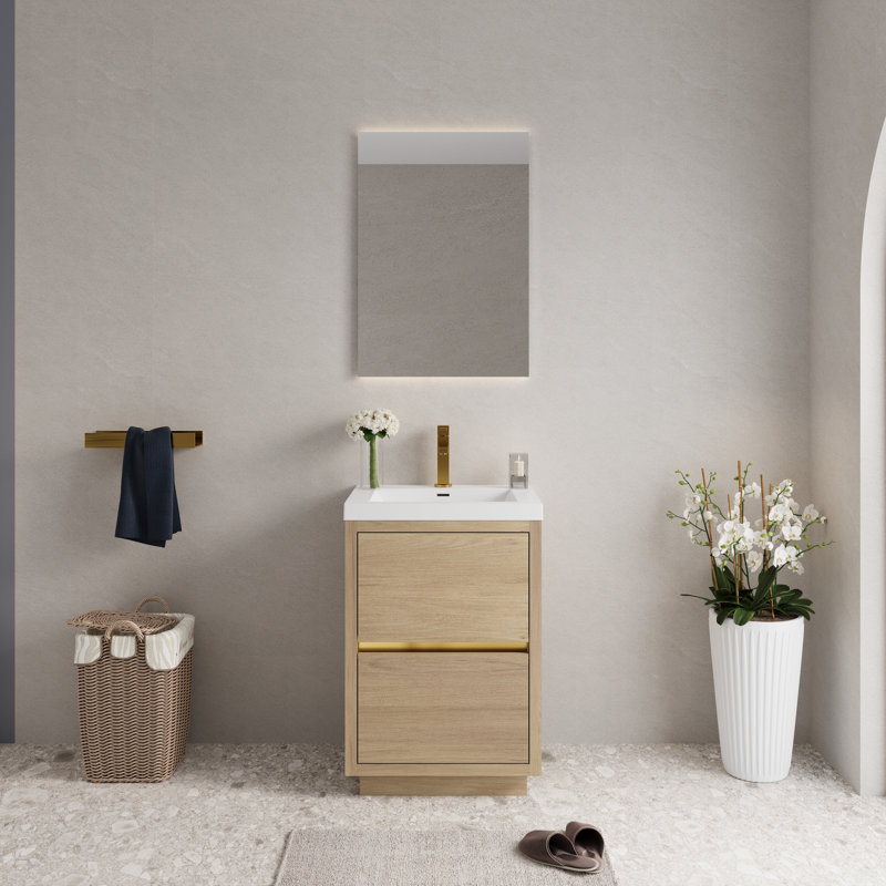 24" Freestanding Single Bathroom Vanity Modern Style Vanity with Integrated Stone Resin Countertop and Sink, 2 Soft Close Drawers