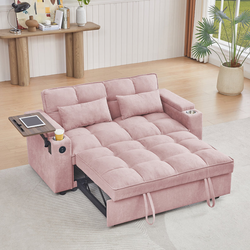 Canapé-lit en chenille avec accoudoirs de rangement, port USB, table d'appoint, Rose