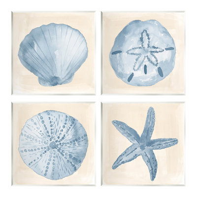 «Blue Varied Seashell Marine Life», ensemble de 4 plaques murales par Lucille Price