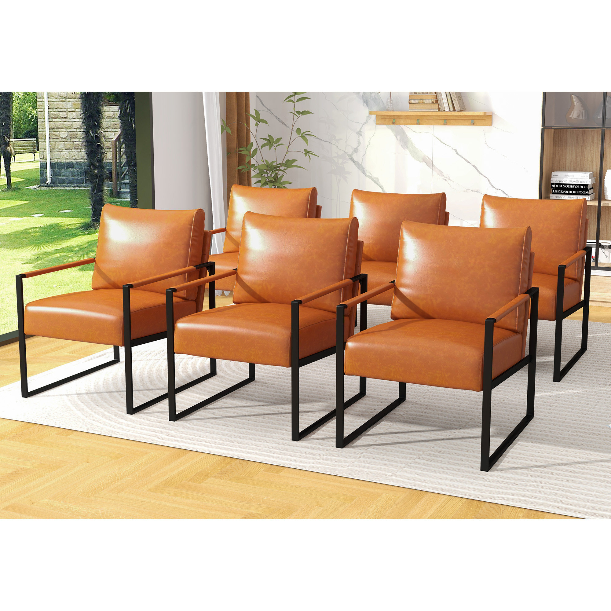 Frauko 24.4 Wide Vintage Soft Vegan Leather Arm Accent Chair with Removable Backrest Set of 6 Latitude Run Fabric or Leather Type Brown Faux