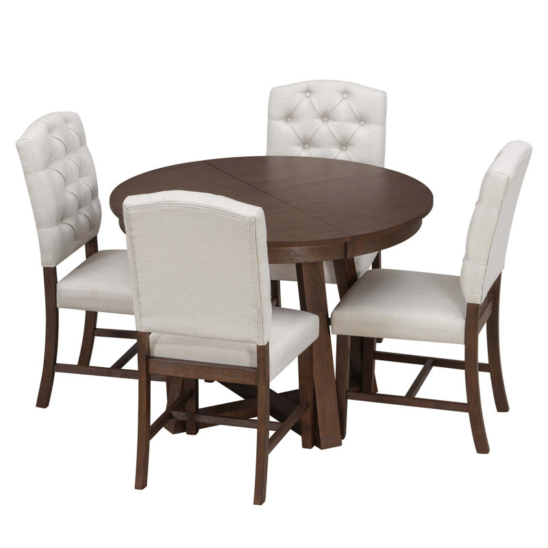 Ensemble de salle à manger 5 pièces avec table ronde extensible et chaises rembourrées Retro, Noyer