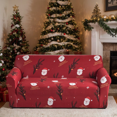 Red Santa and Evergreen Branch Print Stretch Sofa Slipcover, Microfiber, 91" W, Machine Washable