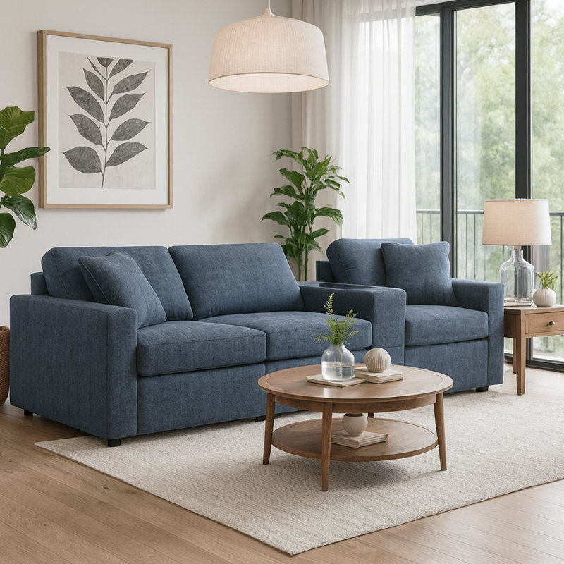 Chobanyan 4-Piece Sectional With Storage Console, Blue Polyester