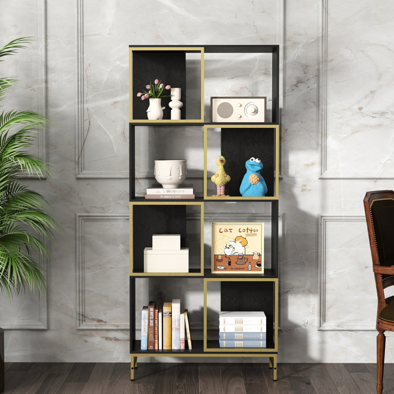 Bibliothèque pour 4 petits espaces - Style industriel rustique avec noir et or, et design décoratif, choix de rangement fonctionnel
