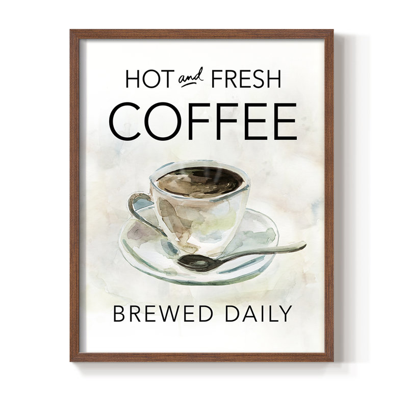 «Hot and Fresh Coffee», reproduction encadrée - bois massif, H 15 po x l 12 po, Noyer