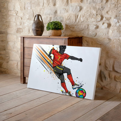 Toile «Un joueur de soccer dynamique dans un numéro de chandail rouge éclatant», art mural capturé à mi-chemin mettant en vedette
