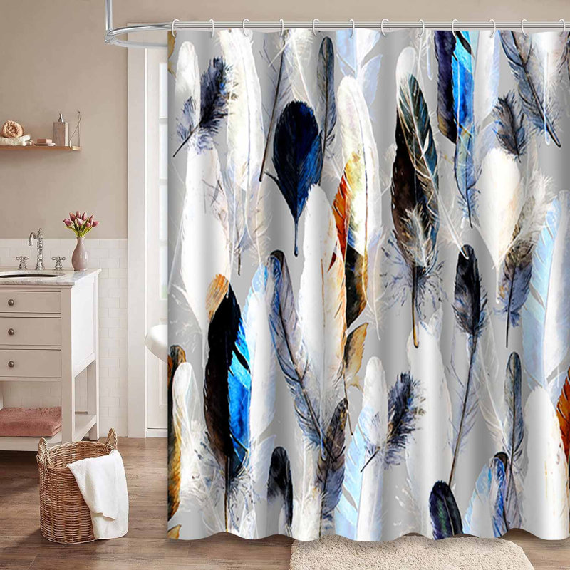 Rideau de douche abstrait abstrait avec plumes rétro et 12 crochets, L 72 po x l 84 po