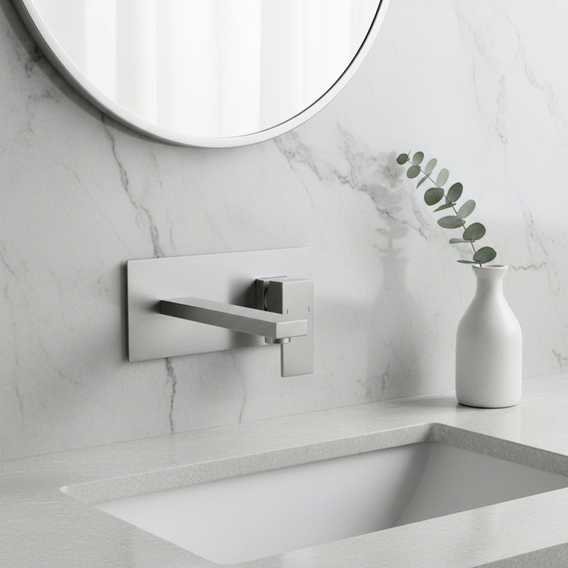 Robinet de salle de bain mural, poignée simple en laiton 2 trous avec valve brute incluse pour lavabo ou baignoire - nickel brossé